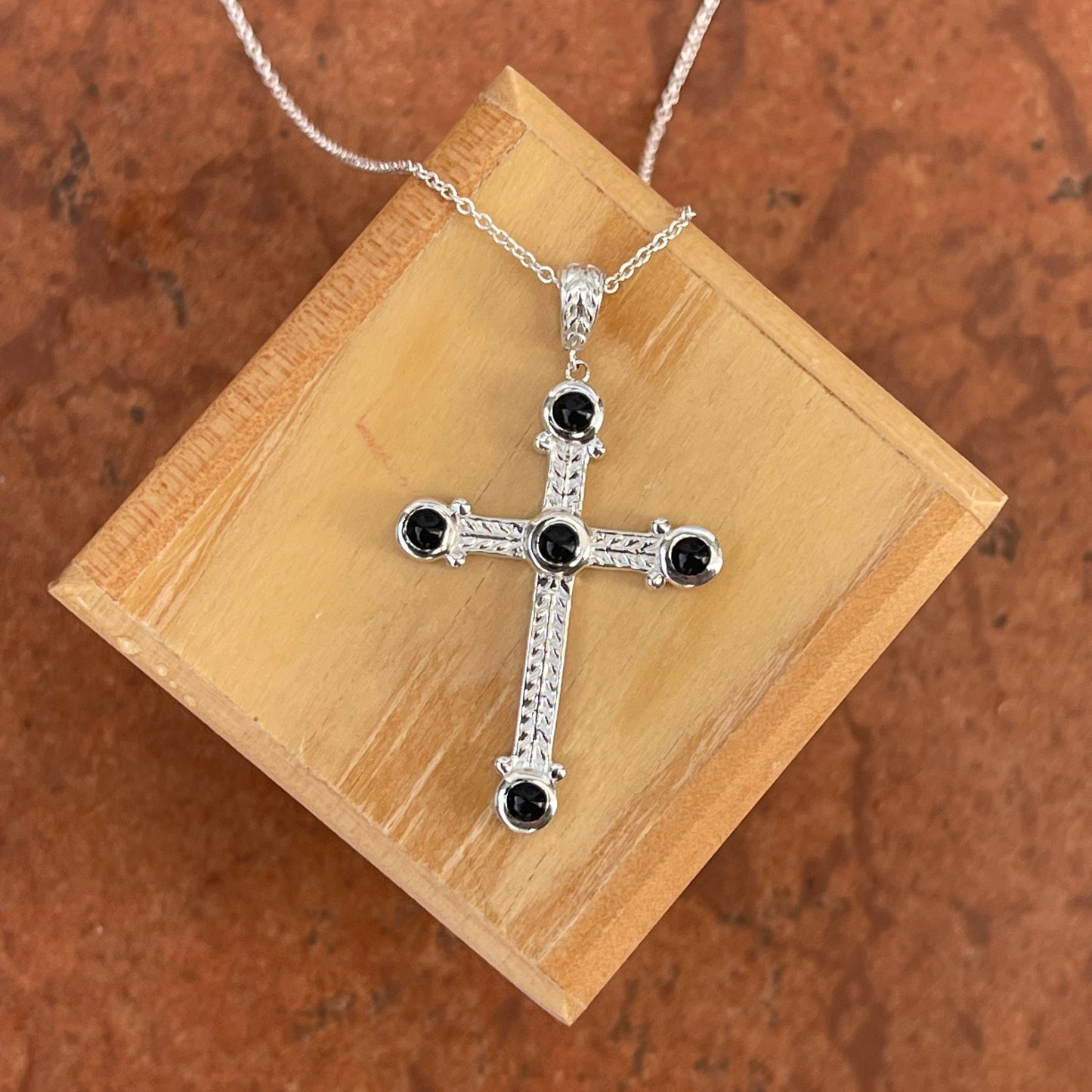 Sterling Silver Ornate Black Onyx Cross Pendant Necklace