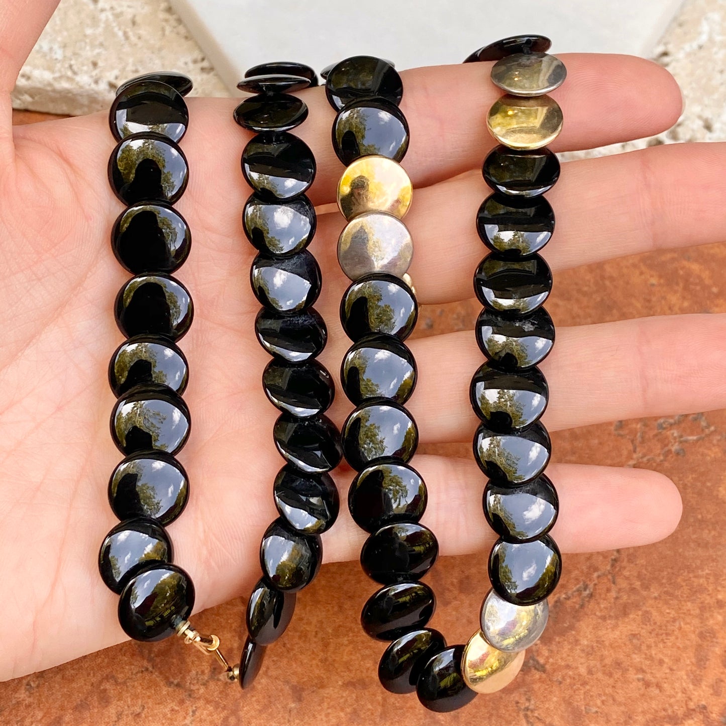 Estate 14KT Yellow Gold + Sterling Silver Onyx Disc Necklace 24"