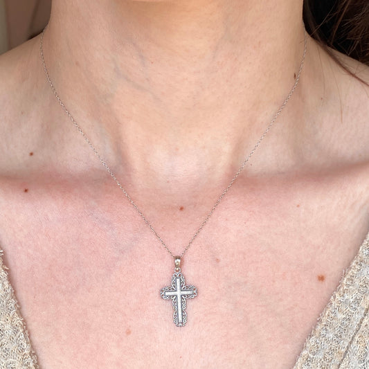 10KT White Gold Textured Lace Trim Cross Pendant, 10KT White Gold Textured Lace Trim Cross Pendant - Legacy Saint Jewelry