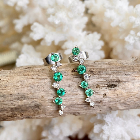 14KT White Gold Cascading Green Emerald + Diamond Post Earrings - Legacy Saint Jewelry