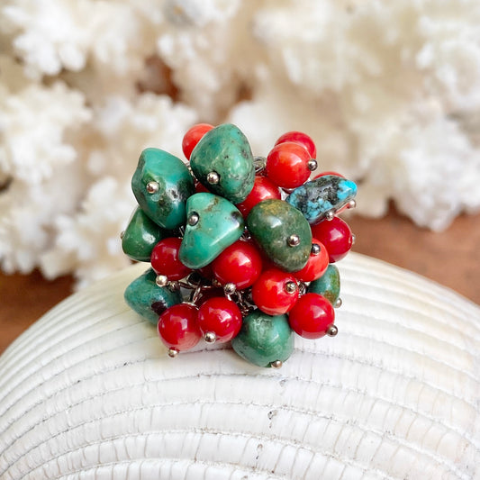 Sterling Silver Turquoise + Red Coral Bead Cluster Design Ring