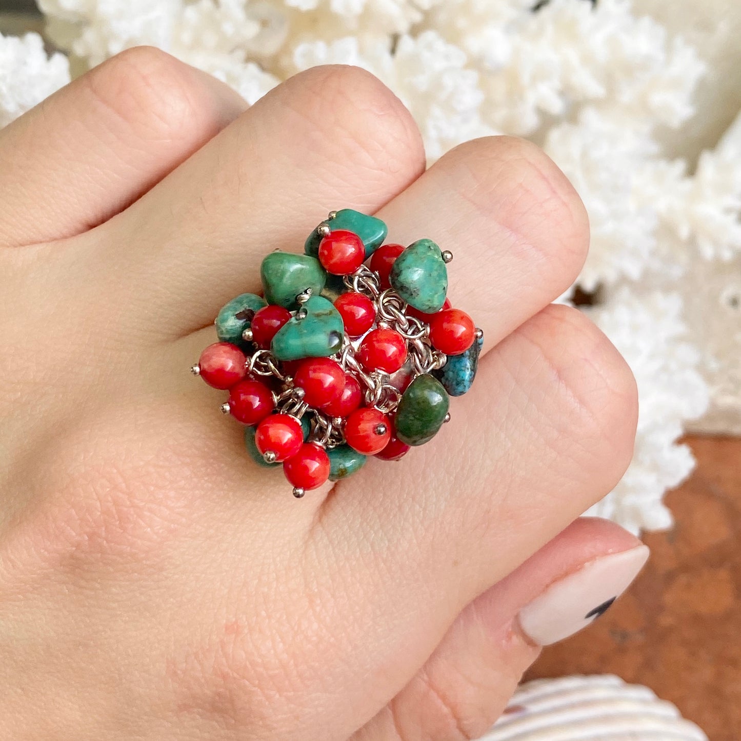 Sterling Silver Turquoise + Red Coral Bead Cluster Design Ring - LSJ