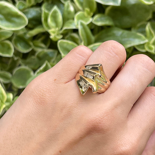 14KT Yellow Gold 3D Wave Ribbon Statement Ring