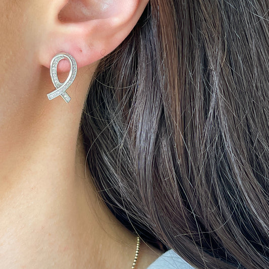 Sterling Silver Pave Pink CZ Breast Cancer Awareness Ribbon Stud Earrings