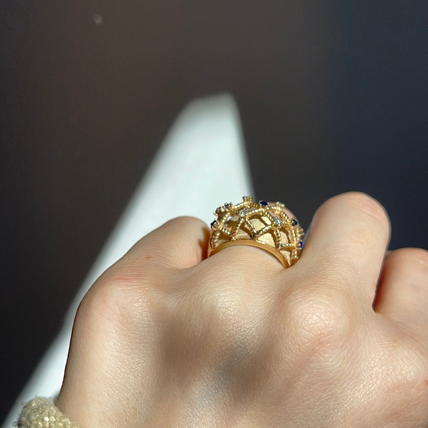 Estate 14KT Yellow Gold Domed Blue Sapphire + Diamond Basketweave Ring