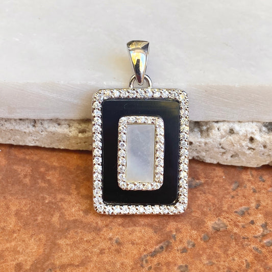 Sterling Silver Black Onyx, CZ + Mother of Pearl Pendant Slide