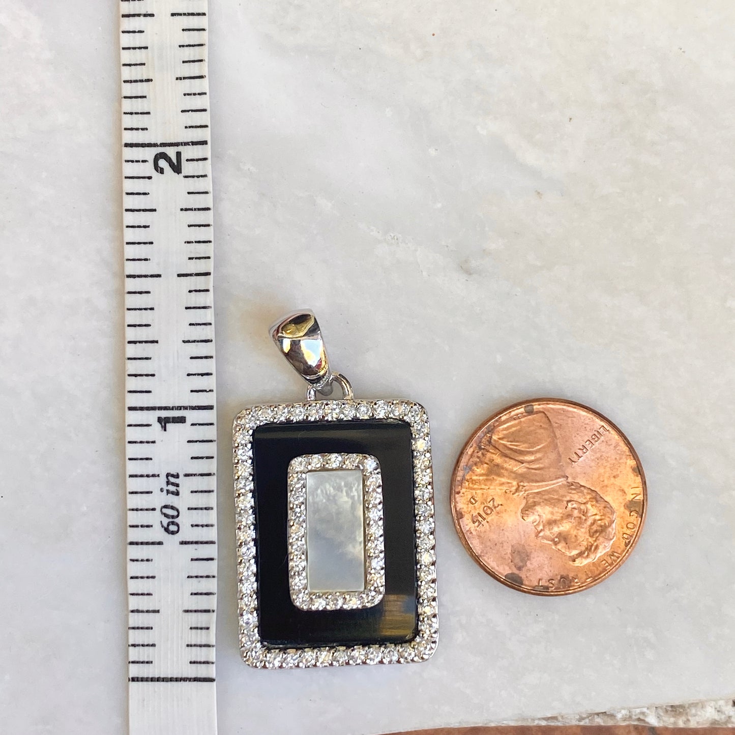 Sterling Silver Black Onyx, CZ + Mother of Pearl Pendant Slide