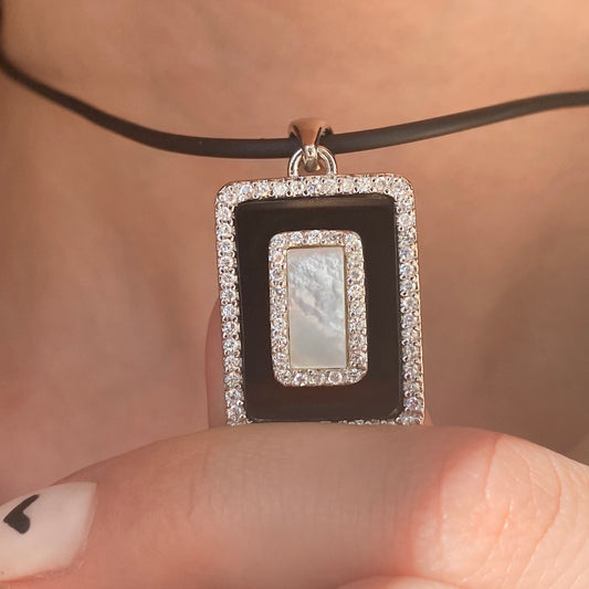 Sterling Silver Black Onyx, CZ + Mother of Pearl Pendant Slide