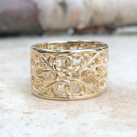 14KT Yellow Gold Filigree Floral Design Cigar Band Ring, 14KT Yellow Gold Filigree Floral Design Cigar Band Ring - Legacy Saint Jewelry
