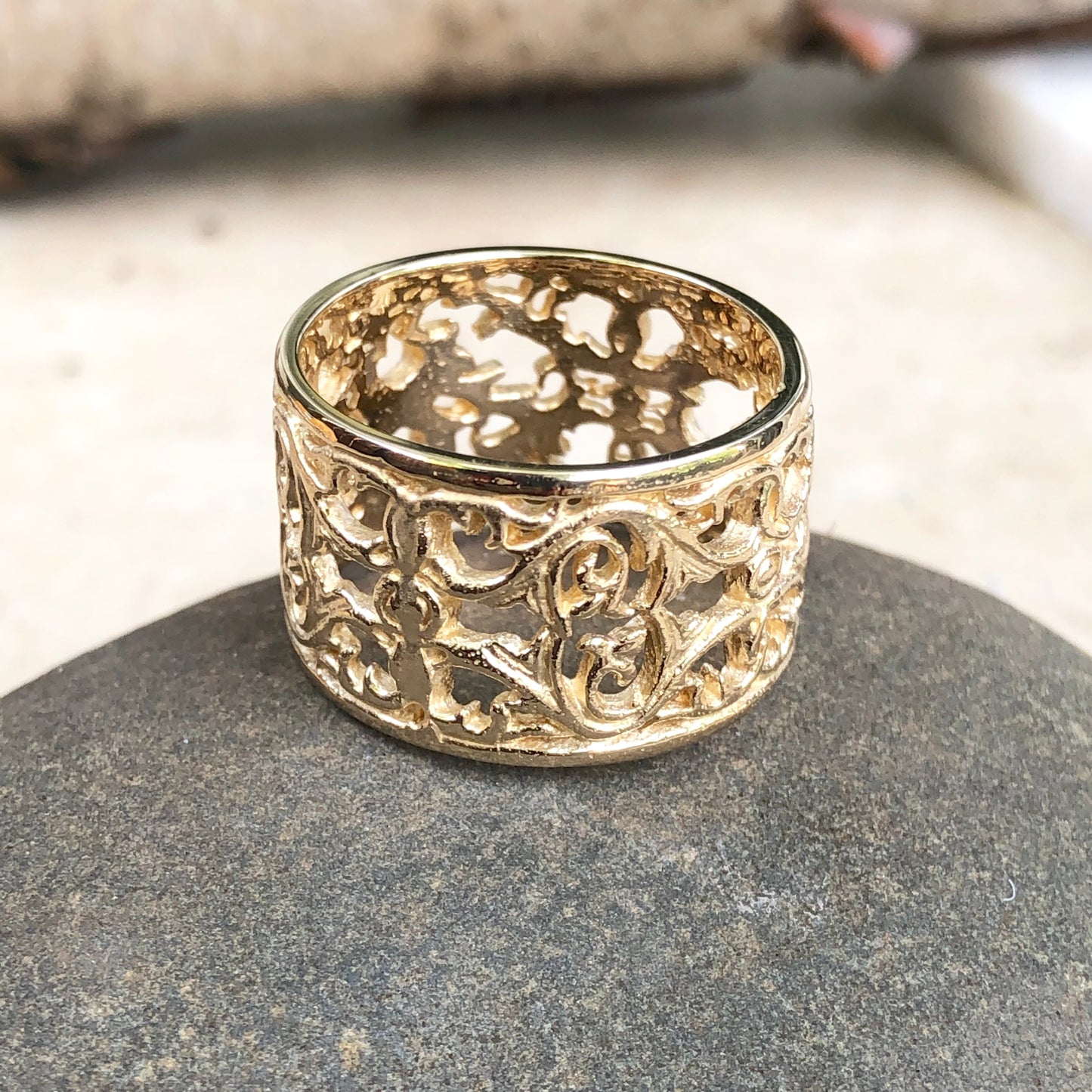 14KT Yellow Gold Filigree Floral Design Cigar Band Ring, 14KT Yellow Gold Filigree Floral Design Cigar Band Ring - Legacy Saint Jewelry
