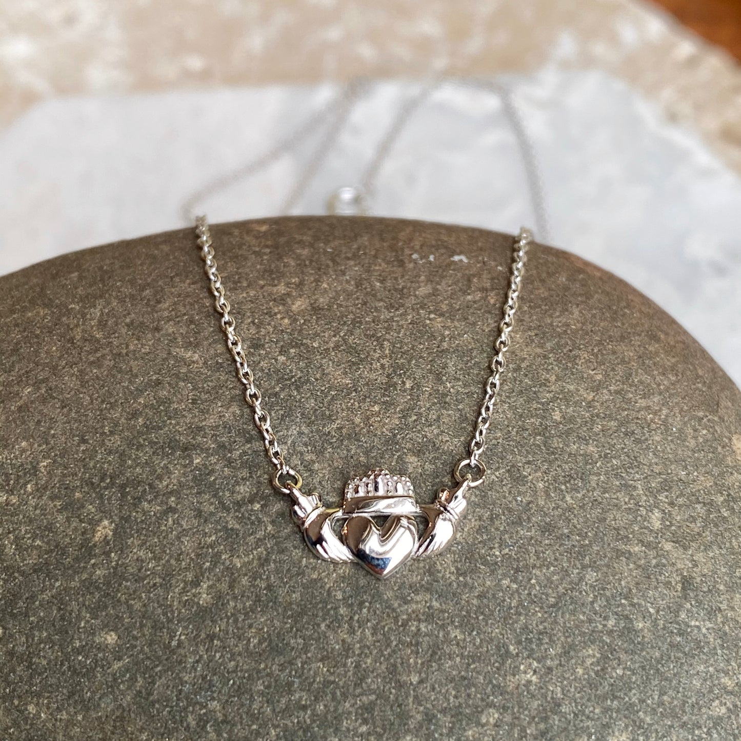 14KT White Gold Celtic Claddagh Pendant Chain Necklace 17", 14KT White Gold Celtic Claddagh Pendant Chain Necklace 17" - Legacy Saint Jewelry
