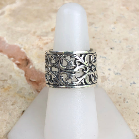 Sterling Silver Filigree Floral Cigar Band Ring - Legacy Saint Jewelry