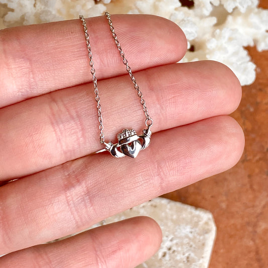 14KT White Gold Celtic Claddagh Pendant Chain Necklace 17", 14KT White Gold Celtic Claddagh Pendant Chain Necklace 17" - Legacy Saint Jewelry