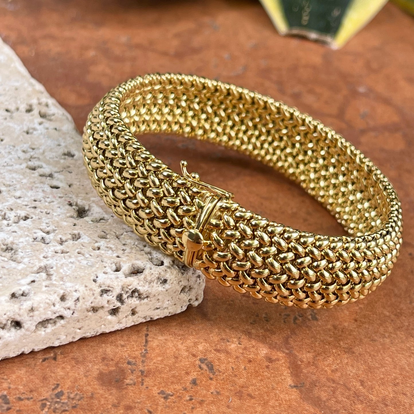 14KT Yellow Gold Mesh Soft Link Wide Band Bangle Bracelet 15mm