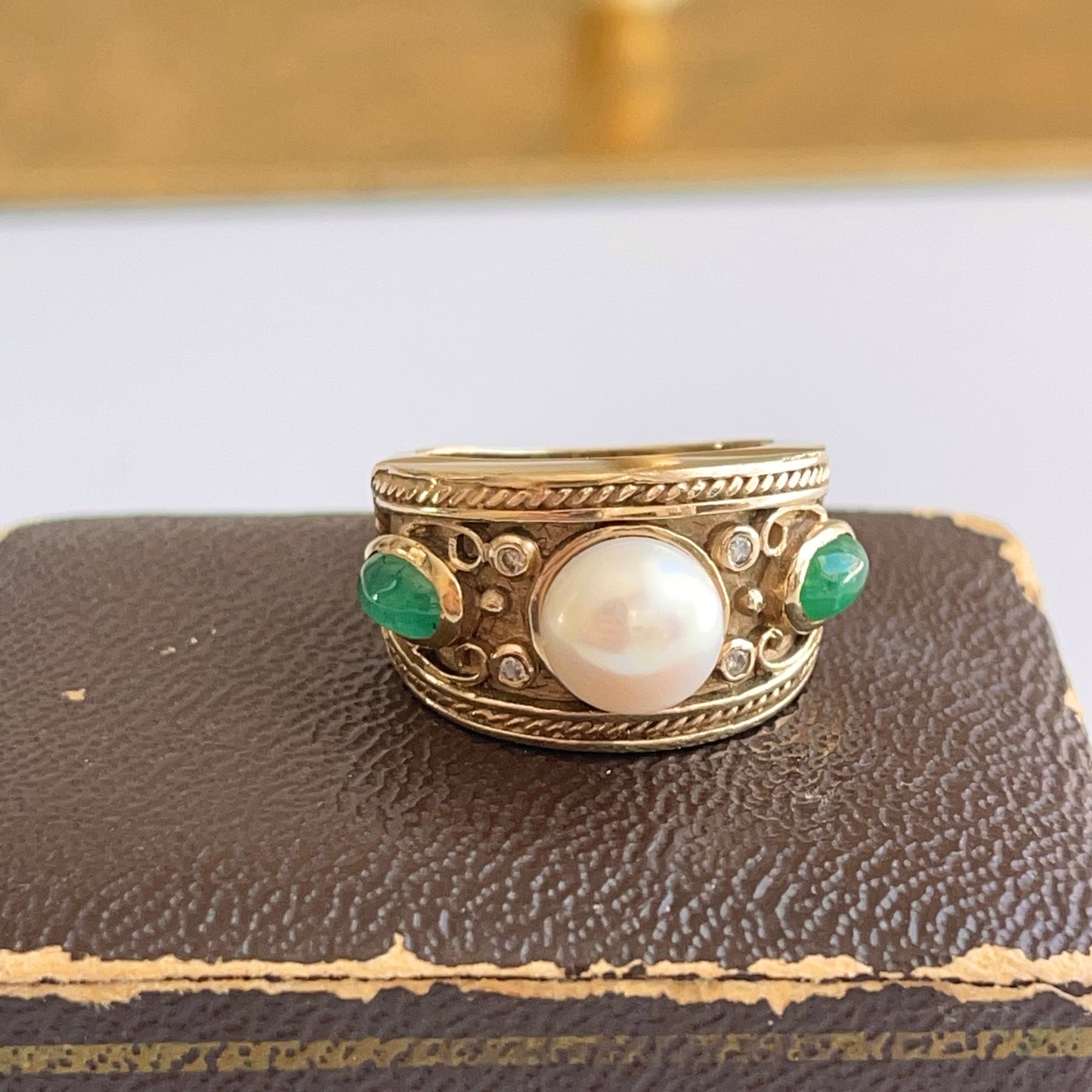 Estate 14KT Yellow Gold Byzantine Pearl, Emerald, + Diamond Ring