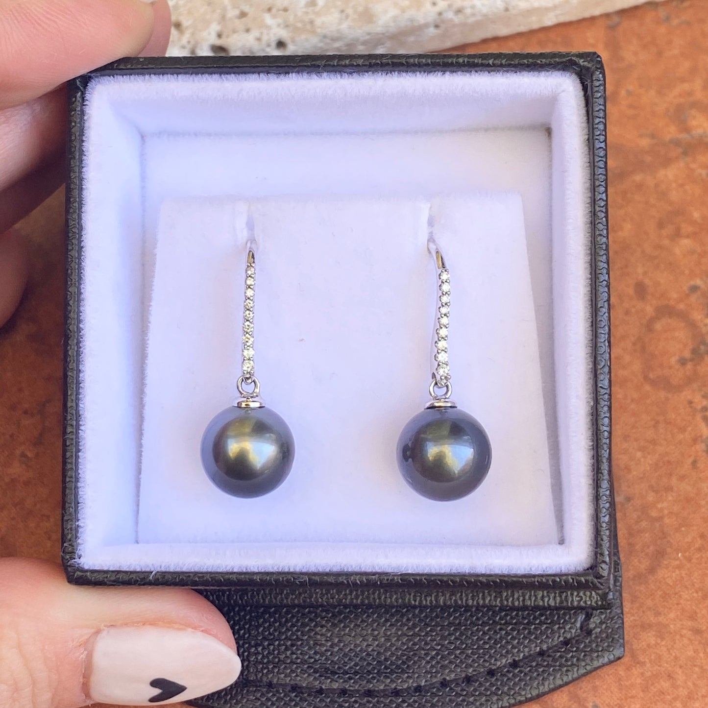 14KT White Gold Black Tahitian Pearl + Pave Diamond Dangle Earrings - Legacy Saint Jewelry
