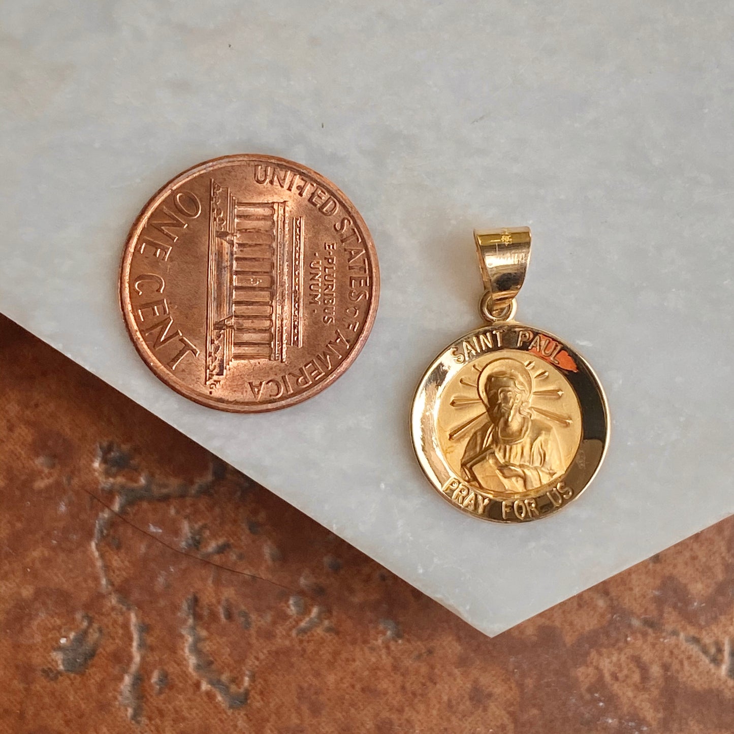 14KT Yellow Gold Satin Saint Paul Hollow Round Medal Pendant, 14KT Yellow Gold Satin Saint Paul Hollow Round Medal Pendant - Legacy Saint Jewelry