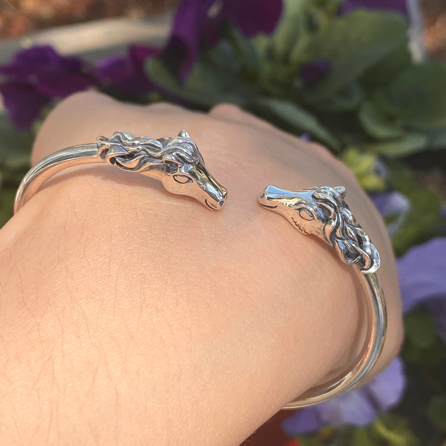 Sterling Silver Polished Double Horse Head Bangle Cuff Bracelet, Sterling Silver Polished Double Horse Head Bangle Cuff Bracelet - Legacy Saint Jewelry