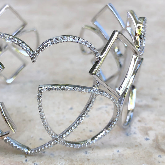 Estate 18KT White Gold Pave Diamond Heart Filigree Cuff Bracelet, Estate 18KT White Gold Pave Diamond Heart Filigree Cuff Bracelet - Legacy Saint Jewelry