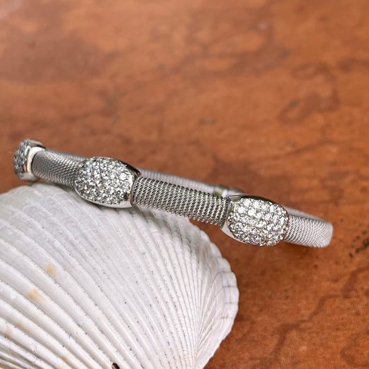 Estate 14KT White Gold Mesh 1.00 CT Pave Diamond Station Stretch Bangle Bracelet