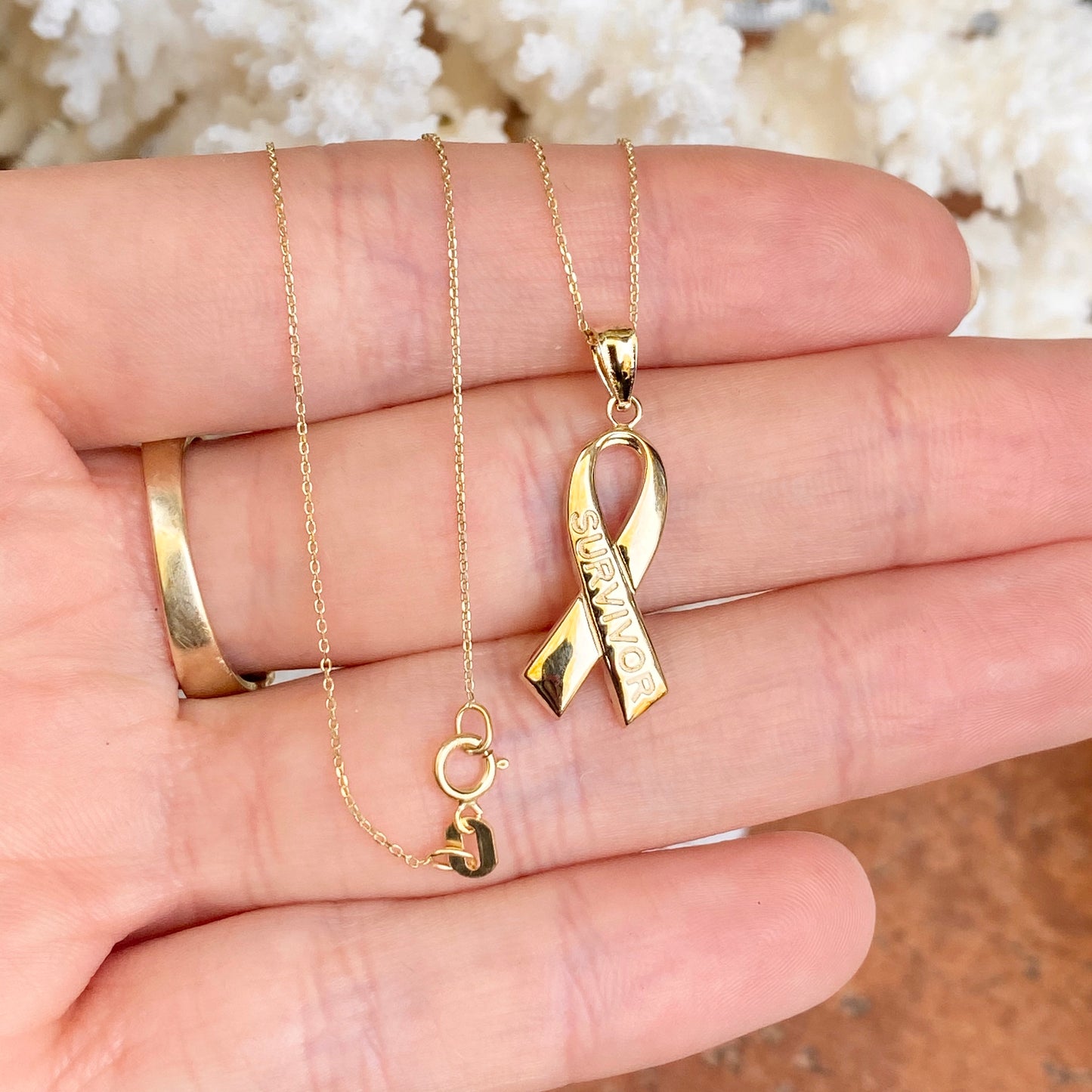 14KT Yellow Gold Cancer Awareness Survivor Ribbon Pendant Chain Necklace