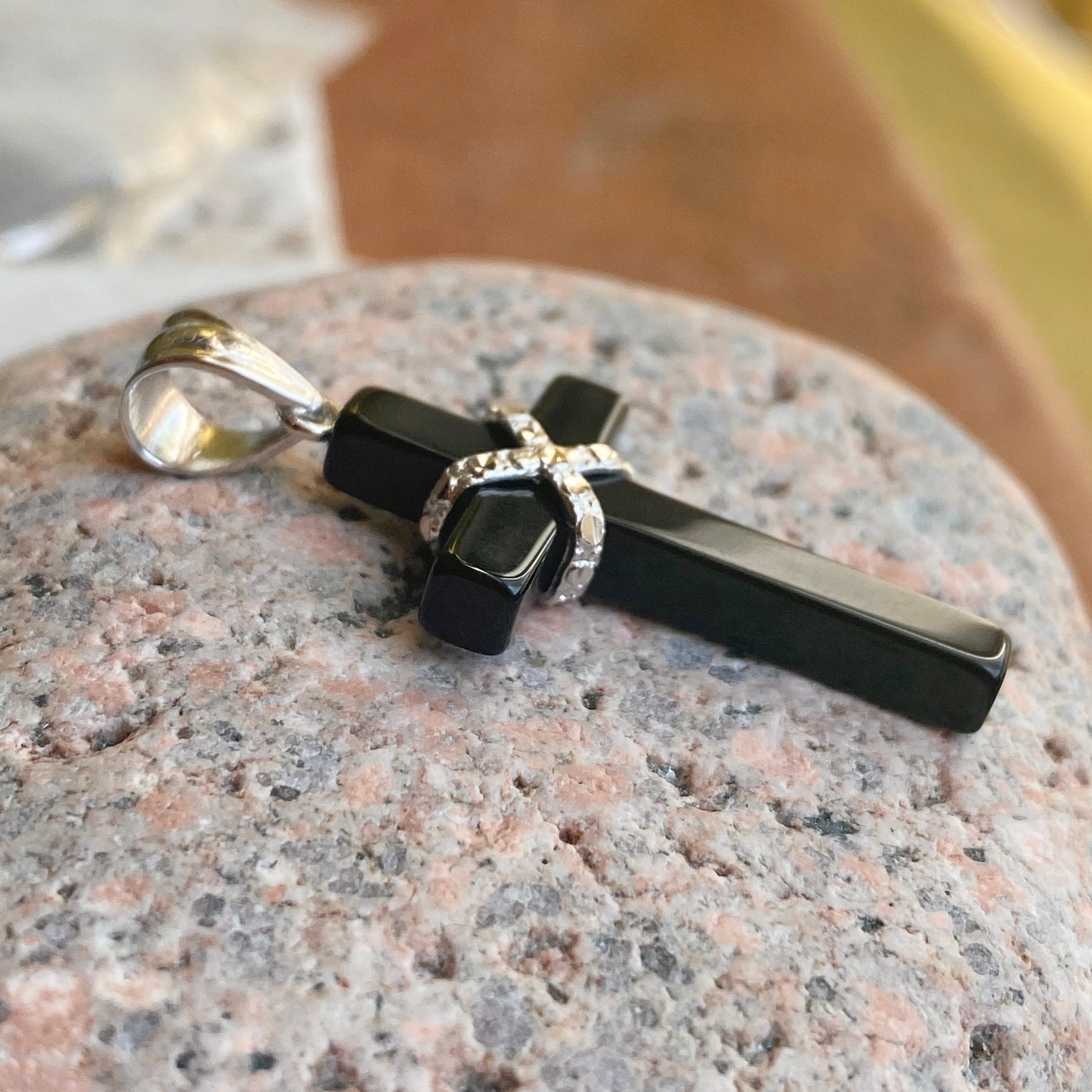 Sterling Silver Diamond-Cut Black Onyx Cross Pendant, Sterling Silver Diamond-Cut Black Onyx Cross Pendant - Legacy Saint Jewelry