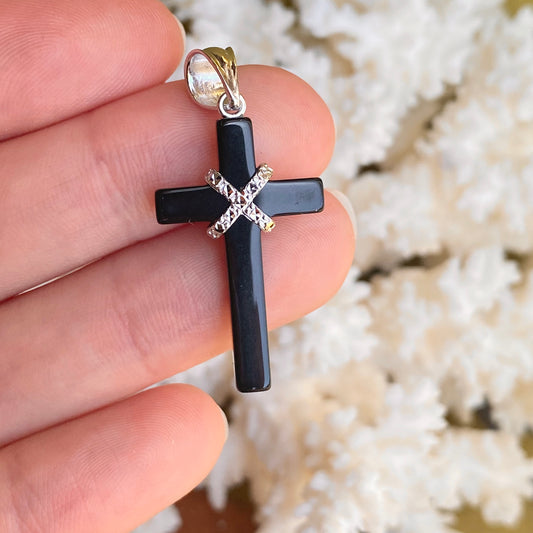Sterling Silver Diamond-Cut Black Onyx Cross Pendant, Sterling Silver Diamond-Cut Black Onyx Cross Pendant - Legacy Saint Jewelry