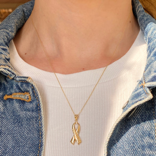 14KT Yellow Gold Cancer Awareness Survivor Ribbon Pendant Chain Necklace
