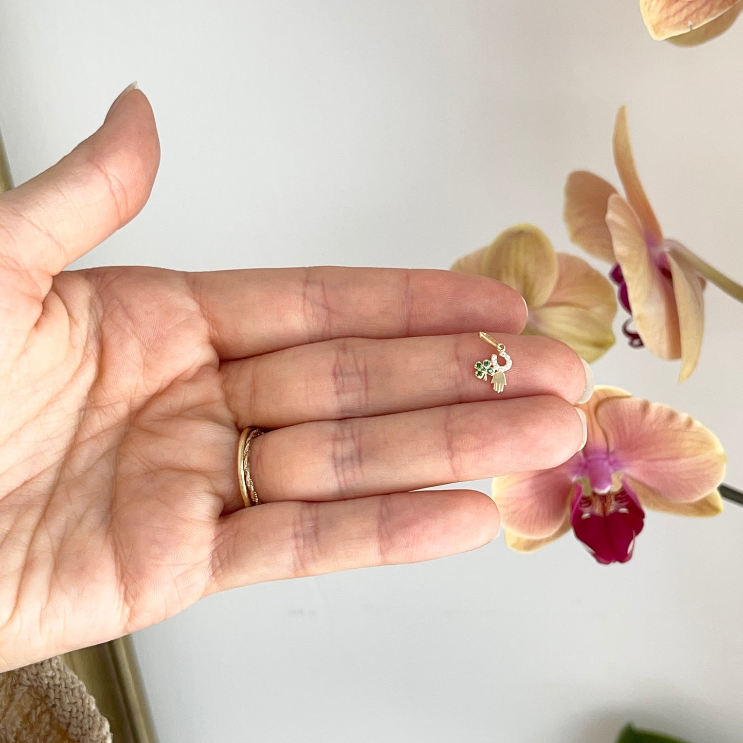 10KT Yellow Gold CZ Clover, Horseshoe, + Hamsa Pendant Charm