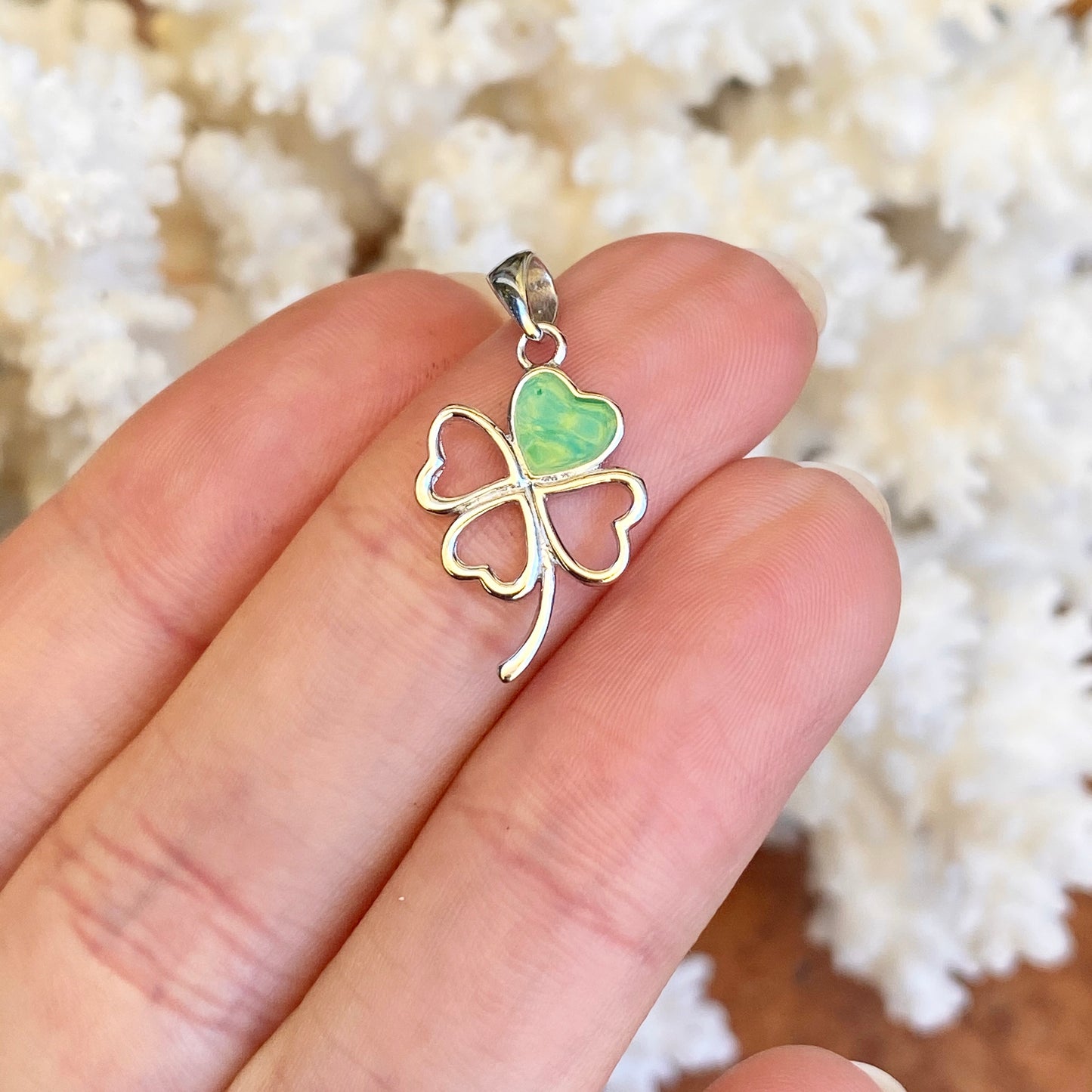 Sterling Silver Green 4-Leaf Clover Pendant Charm