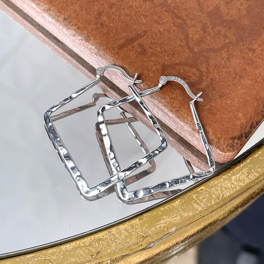 Sterling Silver Hammered Square Hoop Earrings 33mm