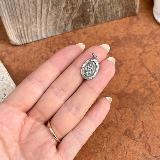 Sterling Silver Antiqued St Christopher Oval Medal Pendant 25mm