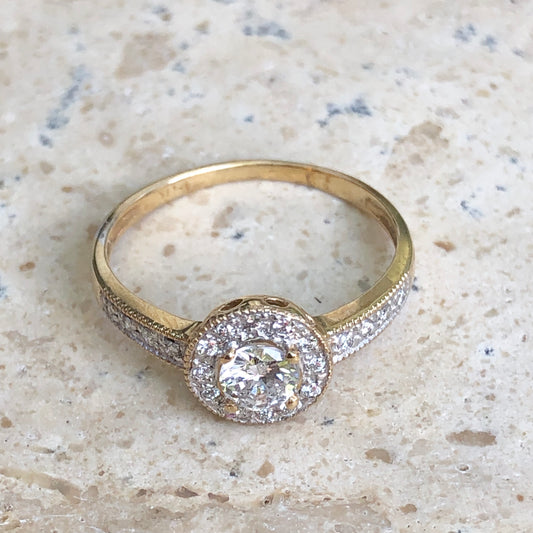 14KT Yellow Gold Faceted Round European Cut Halo Diamond Ring - Legacy Saint Jewelry