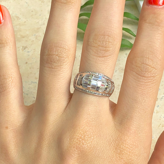 14KT White Gold Baguette + Round CZ Domed Ring Size 7, 14KT White Gold Baguette + Round CZ Domed Ring Size 7 - Legacy Saint Jewelry