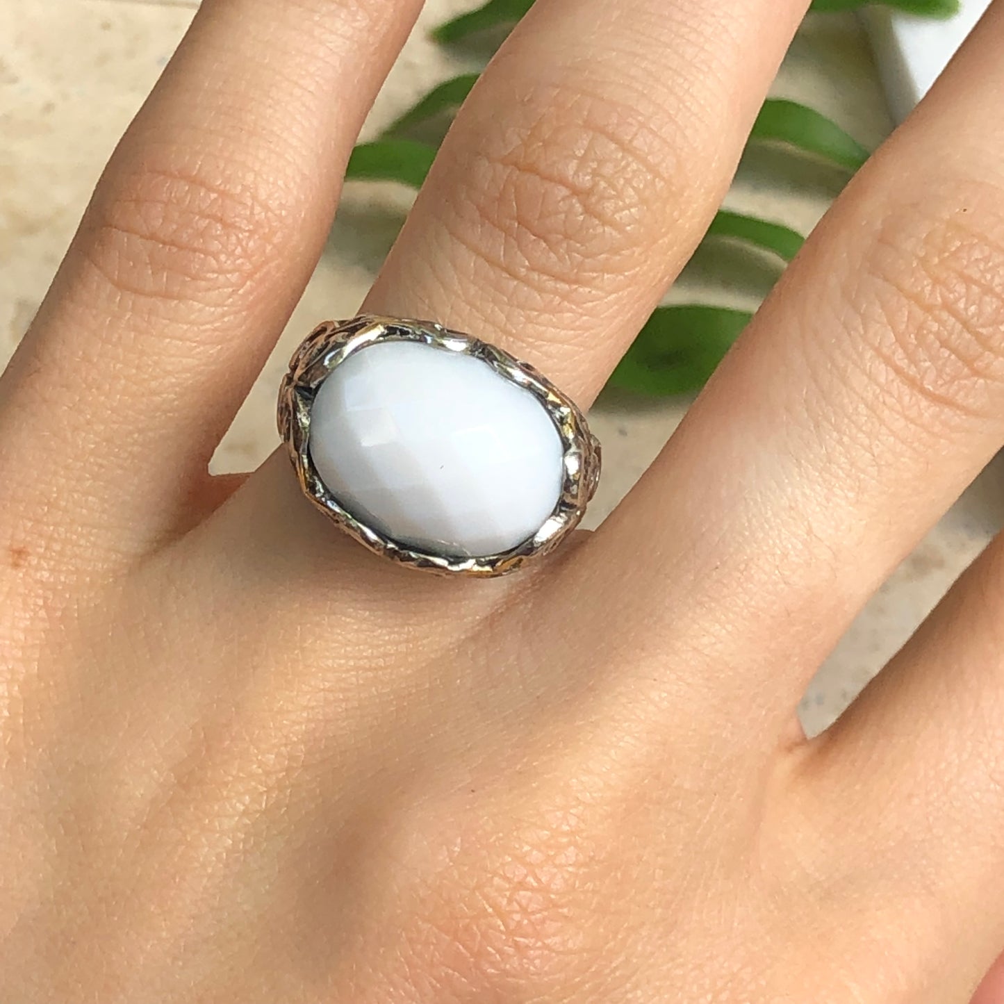 Samuel B 14KT Yellow Gold + Sterling Silver White Agate Ring Size 7, Samuel B 14KT Yellow Gold + Sterling Silver White Agate Ring Size 7 - Legacy Saint Jewelry