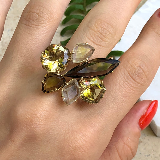 14KT Yellow Gold Smokey Lime Quartz Citrine + Rutilated Quartz Gemstone Ring - Legacy Saint Jewelry