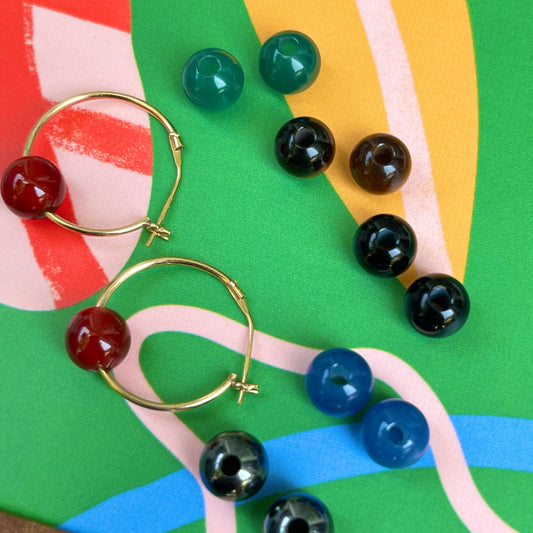 Estate 14KT Yellow Gold Hoop Earrings (6) Gemstone Bead Charms Set