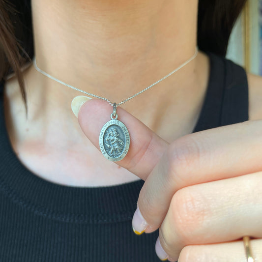 Sterling Silver Antiqued St Christopher Oval Medal Pendant 25mm - LSJ