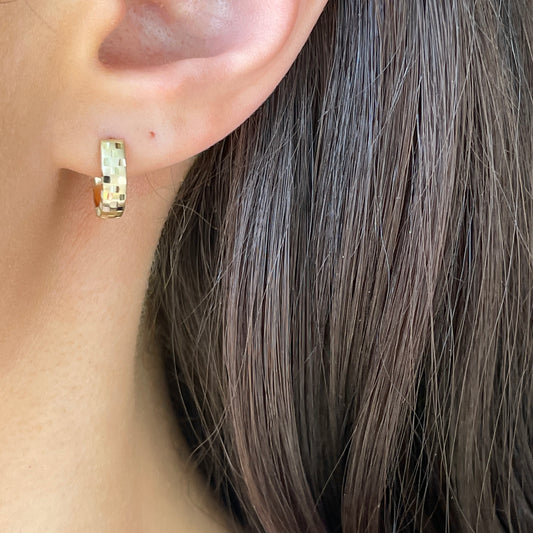 14KT Yellow Gold Satin + Diamond-Cut Huggie Hoop Earrings 14mm