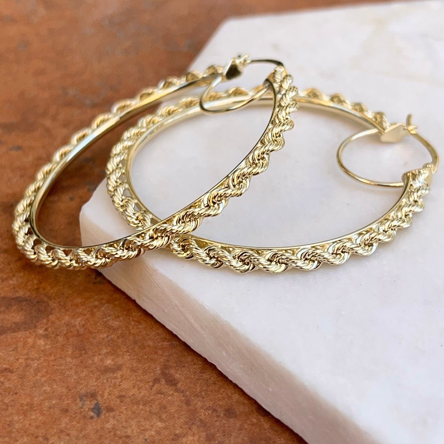 10KT Yellow Gold Diamond-Cut Rope Twist Hoop Earrings 50mm
