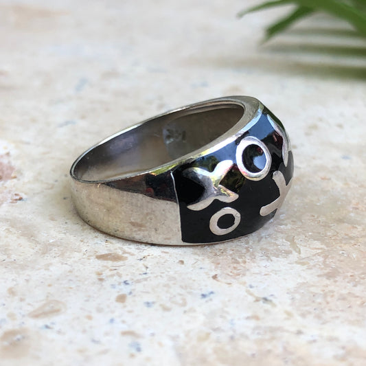 Estate 14KT White Gold Black Enamel Dome XOXO Ring