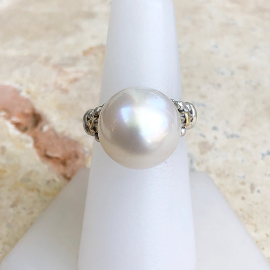 14KT Yellow Gold, Sterling Silver + Paspaley South Sea Pearl Fleur de Lis Ring - Legacy Saint Jewelry