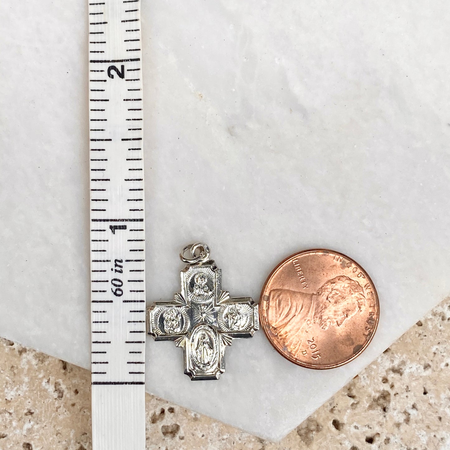 Sterling Silver Polished Four Way Catholic Cross Medal Pendant 17mm