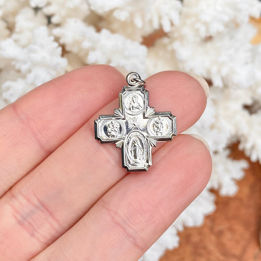Sterling Silver Polished Four Way Catholic Cross Medal Pendant 17mm