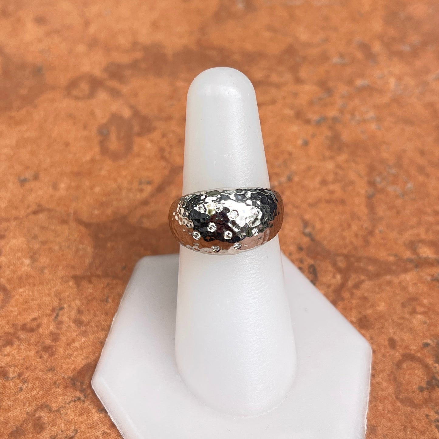 14KT White Gold Hammered Gypsy Diamond Domed Ring