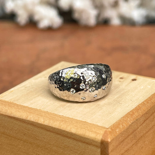 14KT White Gold Hammered Gypsy Diamond Domed Ring