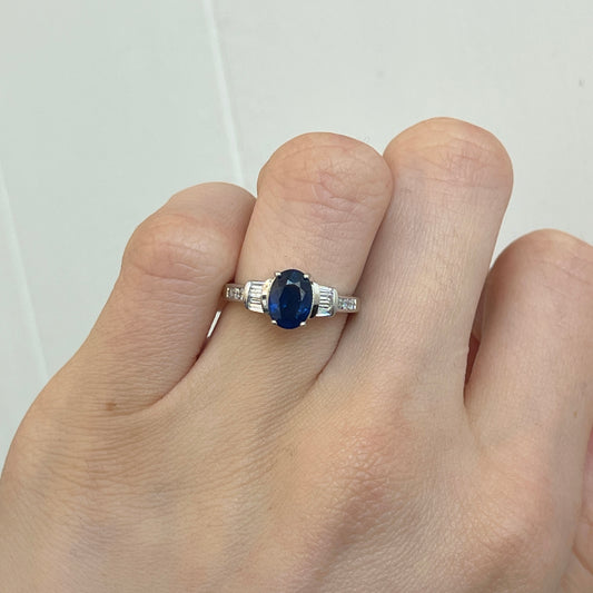 Estate 14KT White Gold Oval 1.75 CT Blue Sapphire + Diamond Accent Ring