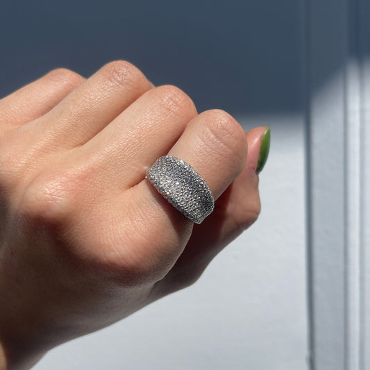 14KT White Gold Concave 1.20 CT Pave Diamond Cigar Band Ring