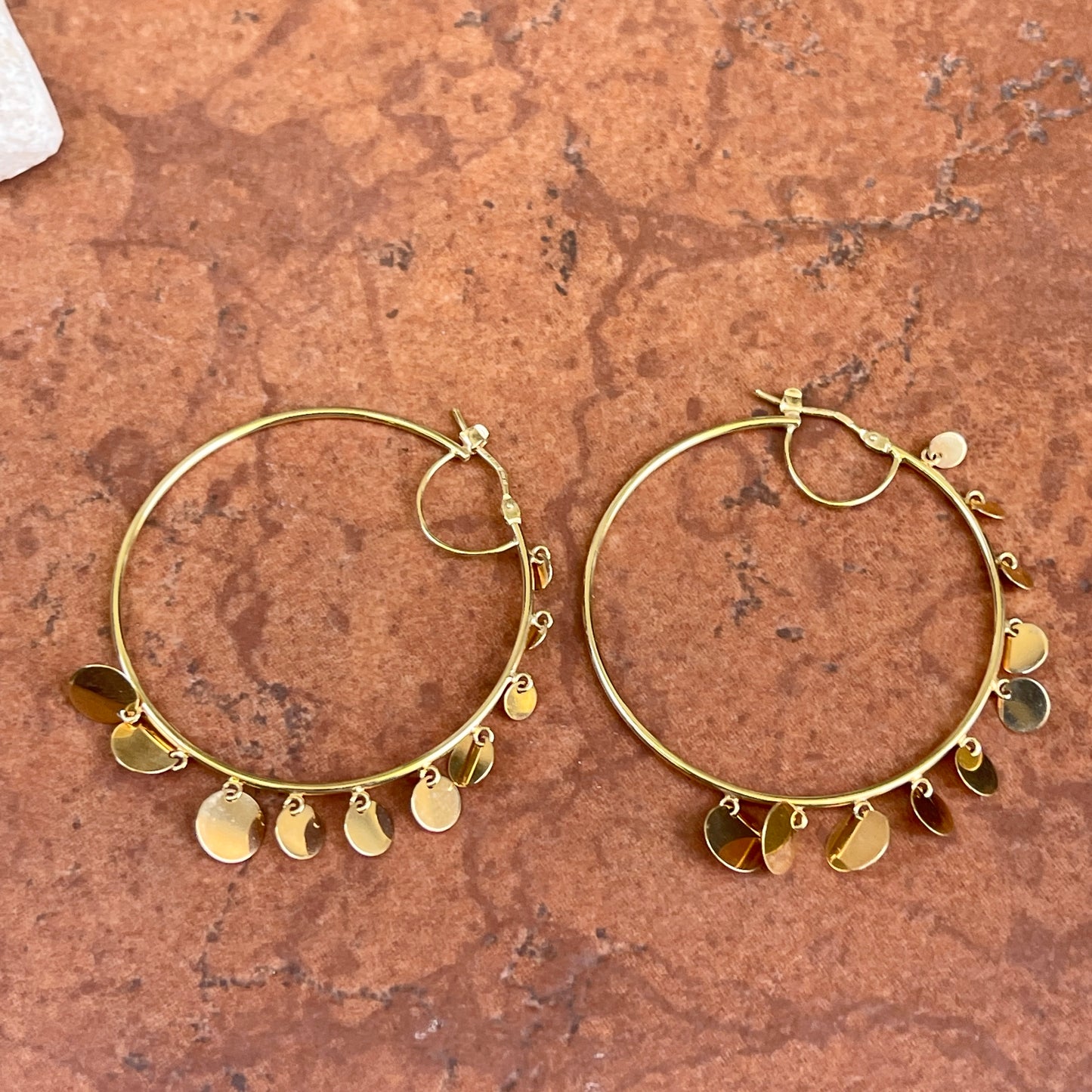 14KT Yellow Gold Thin Tube Dangling Circles Hoop Earrings 47mm