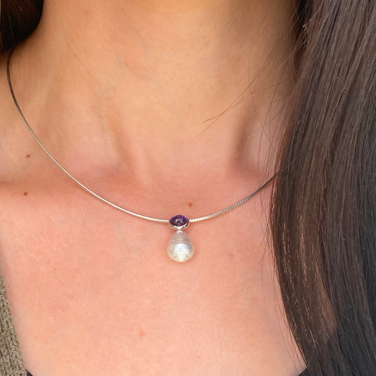 14KT White Gold Cabochon Amethyst + 11mm Paspaley South Sea Pearl Pendant Slide #3
